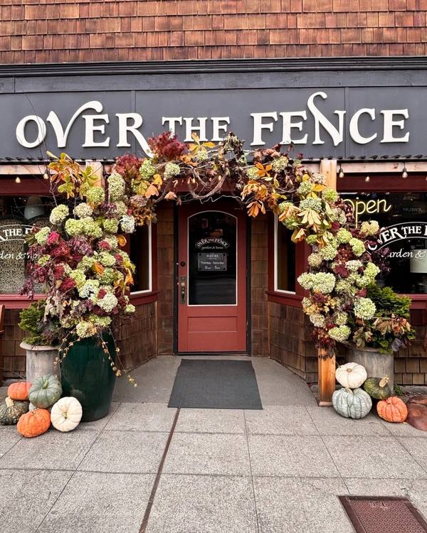 The Over the Fence storefront on Washington Street with a fall flower arch